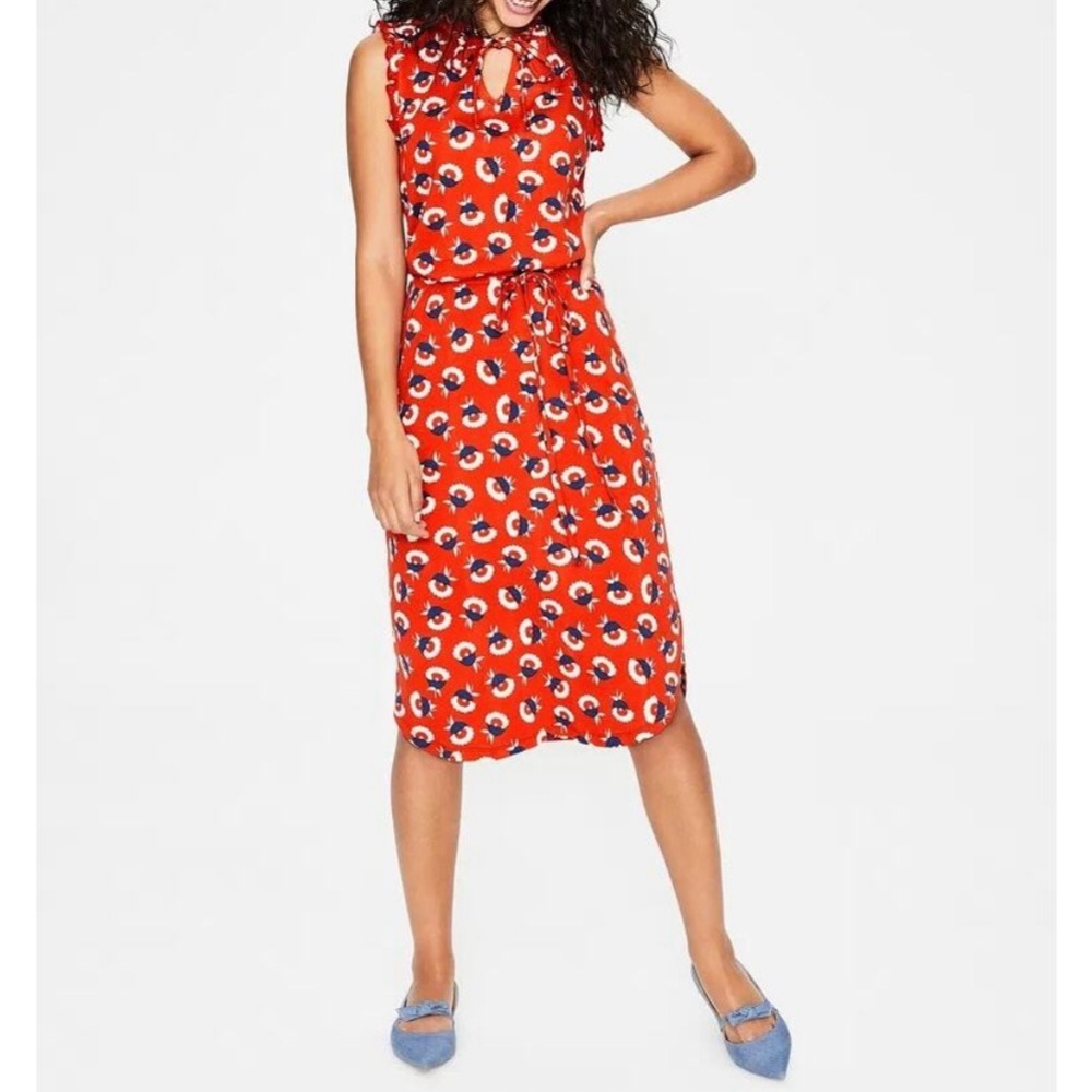 NEW Boden Lois Floral Jersey Knit Ruffle Sleeveless Dress Red Orange Blue 10R